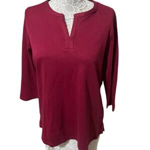 LL Bean Dark Red Cotton Classic V Neck Tunic 3/4 Length Sleeve- Womens Large NWT